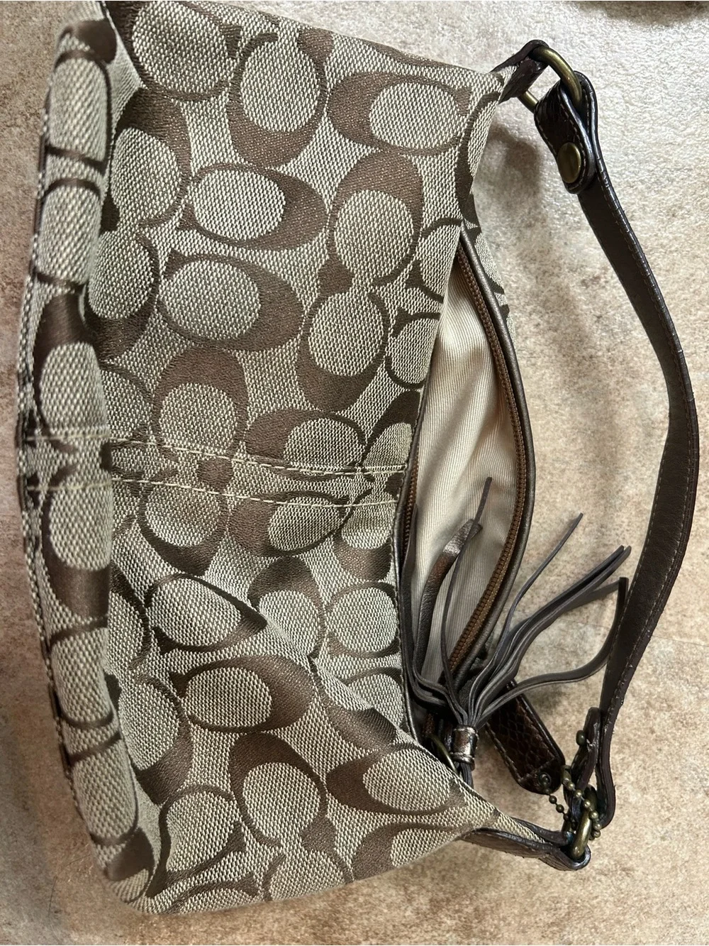 Coach Khaki and Brown Signature Jacquard Wristlet with Tassel